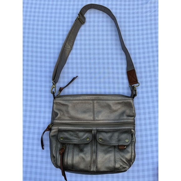 FOSSIL Morgan Traveler Gold  Pebbled Leather Crossbody Shoulder Bag Compartments - Picture 2 of 6